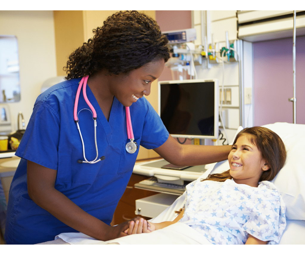 Nurse who is tired but still gives great care to child patient